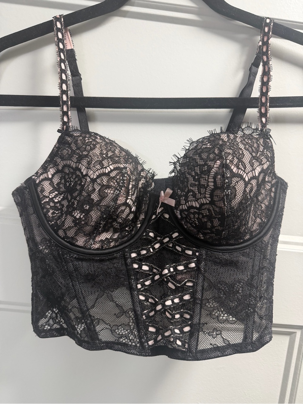 Victoria's Secret Black Lace Longline Bra with Pink Lining